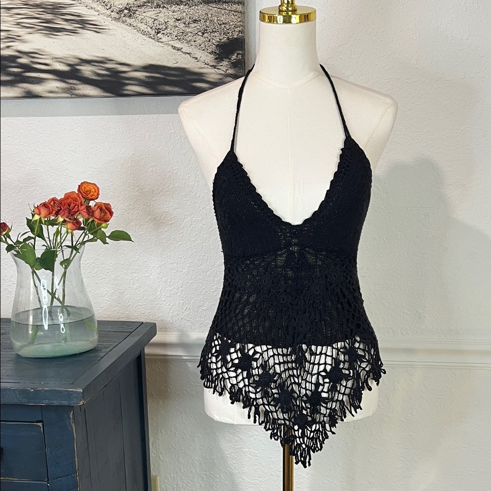 Elegant Black Crochet Halter Top